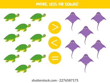 More, less or equal, compare the number of turtles and stingrays.