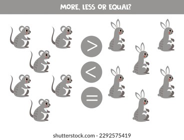 More, less or equal, compare the number of rabbits and mice.