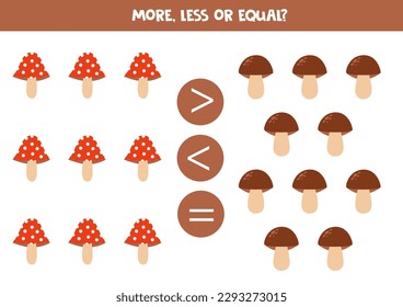 More, less or equal, compare the number of mushrooms.