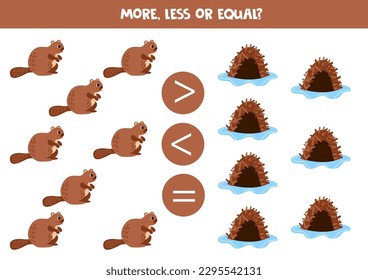 Más, menos o igual, comparar el número de castores y lodges.