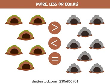 More, less or equal, compare the number of animals dens.