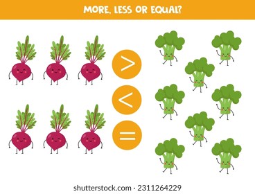More, less or equal, compare the number of beetroots and broccolis.