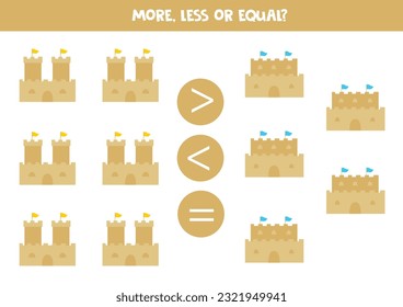 More, less or equal, compare the number of sand castles.