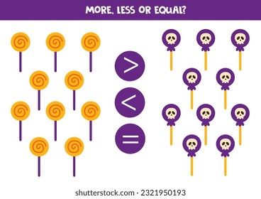 More, less or equal, compare the number of halloween lollipops.