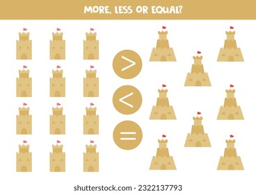 More, less or equal, compare the number of sand castles.