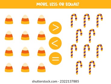 More, less or equal, compare the number of halloween sweets.