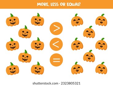 More, less or equal, compare the number of halloween pumpkins.