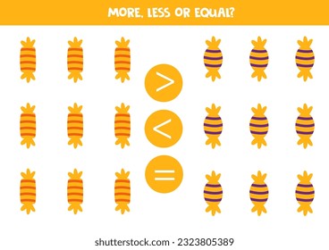 More, less or equal, compare the number of halloween candies.