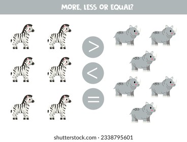 More, less or equal, compare the number of zebras and rhinoceros.