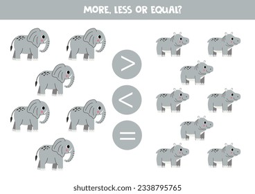 More, less or equal, compare the number of elephants and hippopotamuses.