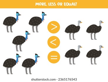More, less or equal, compare the number of emus and cassowaries.