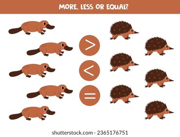 More, less or equal, compare the number of platypus and echidna.