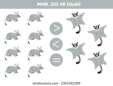 More, less or equal, compare the number of bandicoots and sugar gliders.