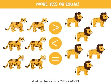 More, less or equal, compare the number of tigers and lions.