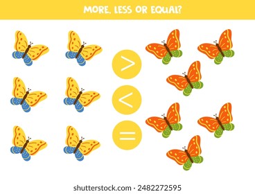 More, less or equal, compare the number of cute colorful butterflies.