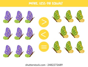 More, less or equal, compare the number of cute colorful flying butterflies.