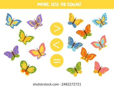 More, less or equal, compare the number of cute colorful butterflies.