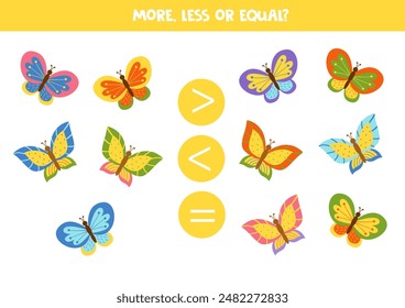 More, less or equal, compare the number of cute colorful butterflies.