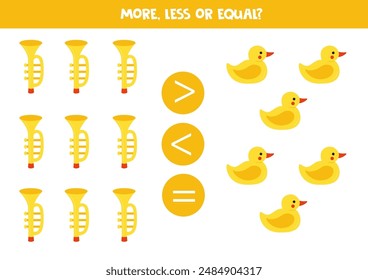 More, less or equal, compare the number of toy flutes and rubber ducks.
