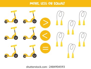 More, less or equal, compare the number of scooters and jump ropes.