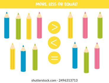 More, less or equal, compare the number of coloured pencils.