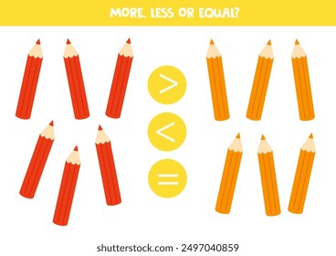 More, less or equal, compare the number of coloured pencils.