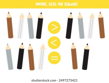 More, less or equal, compare the number of coloured pencils.