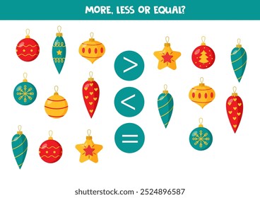 More, less or equal, compare the number of Christmas baubles.