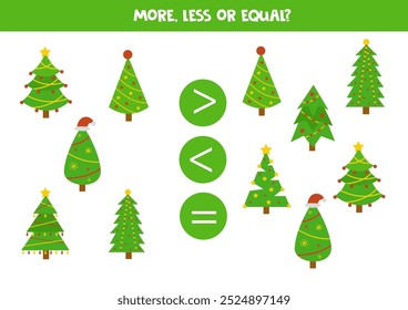 More, less or equal, compare the number of christmas trees.