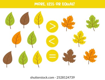 More, less or equal, compare the number of autumn leaves.