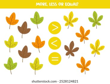 More, less or equal, compare the number of autumn leaves.