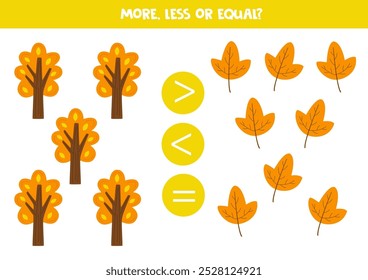 More, less or equal, compare the number of autumn trees and leaves.