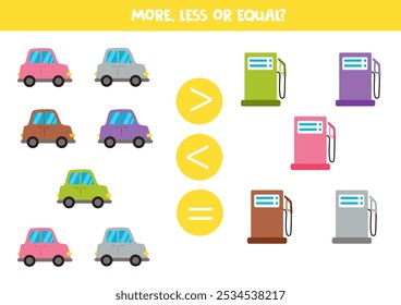 More, less or equal, compare the number of colourful cars and gas stations.