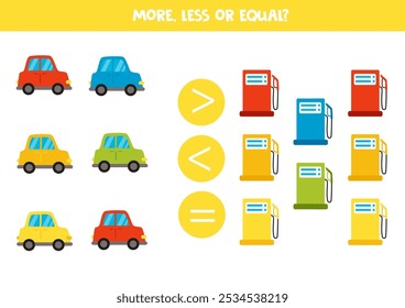 More, less or equal, compare the number of colourful cars and gas stations.