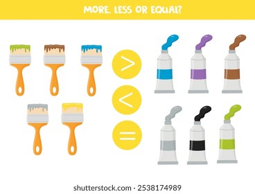 More, less or equal, compare the number of paint brushes and paint tubes.