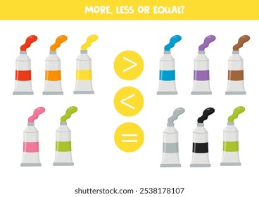 More, less or equal, compare the number of paint tubes.