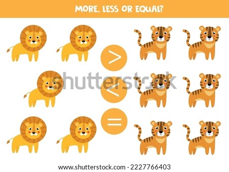 More, less or equal, compare the number of wild animals.