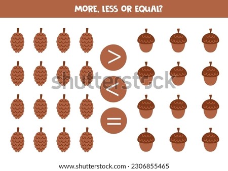 More, less or equal, compare the number of pine cones and acorns.