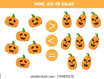More, less or equal. Comparison of Halloween pumpkins for kids. Jack o lantern vector images.