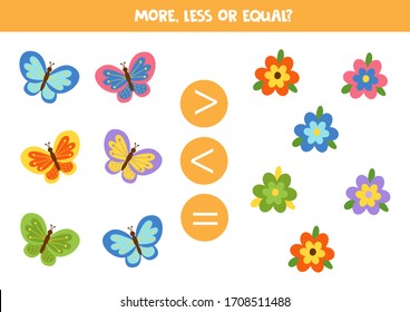 More, less or equal. Count the amount of butterflies and flowers and compare them.