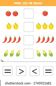More, less, or equal. Count the amount of tomatoes, peppers and corn. Compare the number of vegetables. Math game for kids.