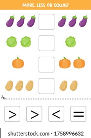 More, less, equal. Count the amount of vegetables and compare them. Eggplant, cabbage, potato, pumpkin. Math worksheet for children.