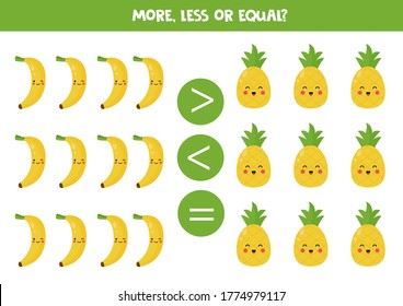 More, less or equal. Count the amount of cute kawaii pineapples and bananas and compare. Educational math game for kids. 