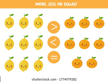 More, less or equal. Count the amount of cute kawaii lemons and oranges and compare. Educational math game for kids. 