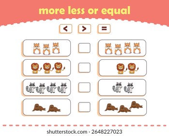 More, less or equal. Count the amount of cute wild animals. Educational math game for kids. Vector Illustration