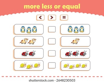 More, less or equal. Count the amount of cute wild animals. Educational math game for kids. Vector Illustration
