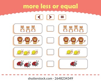 More, less or equal. Count the amount of cute wild animals. Educational math game for kids. Vector Illustration