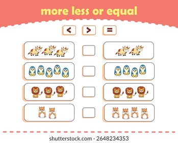 More, less or equal. Count the amount of cute wild animals. Educational math game for kids. Vector Illustration