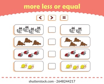 More, less or equal. Count the amount of cute wild animals. Educational math game for kids. Vector Illustration