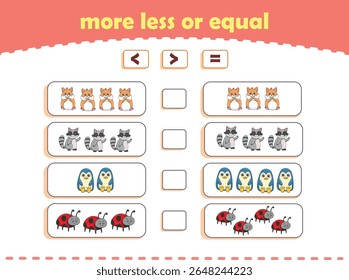 More, less or equal. Count the amount of cute wild animals. Educational math game for kids. Vector Illustration